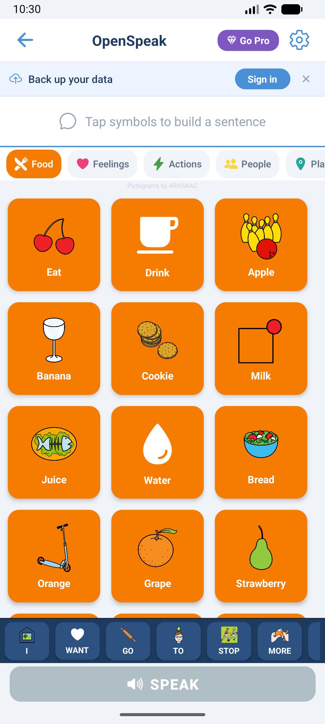 OpenSpeak home screen with AAC symbol grid