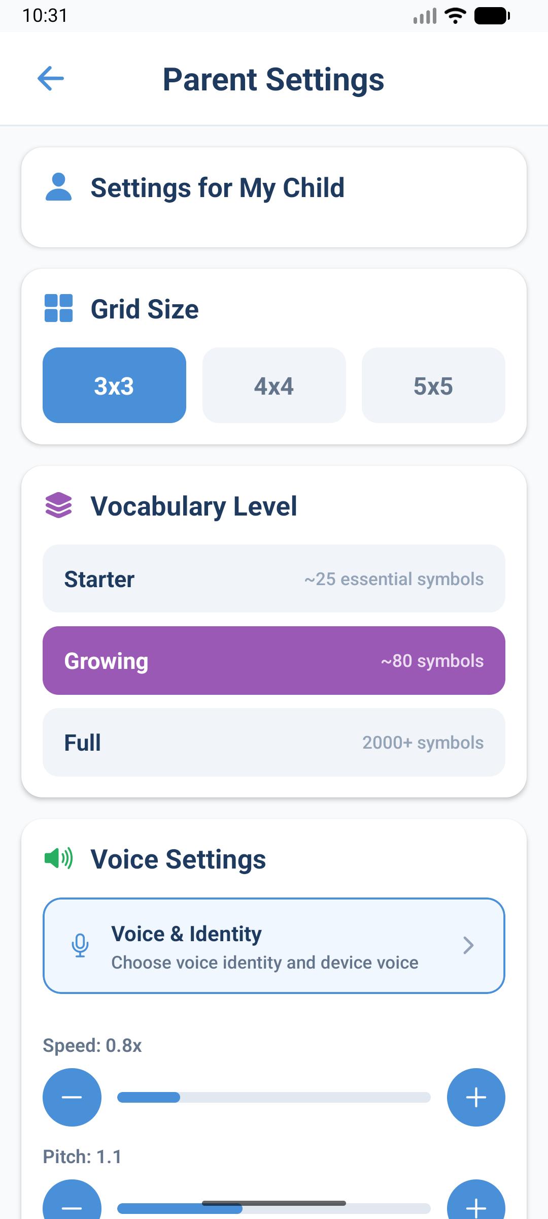 OpenSpeak profile settings with grid size and voice options