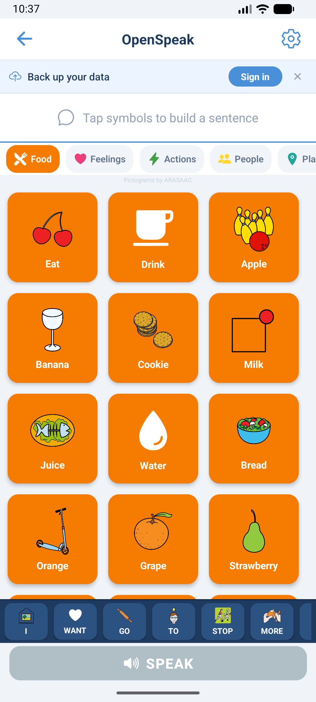 OpenSpeak AAC on phone showing 3x3 symbol grid