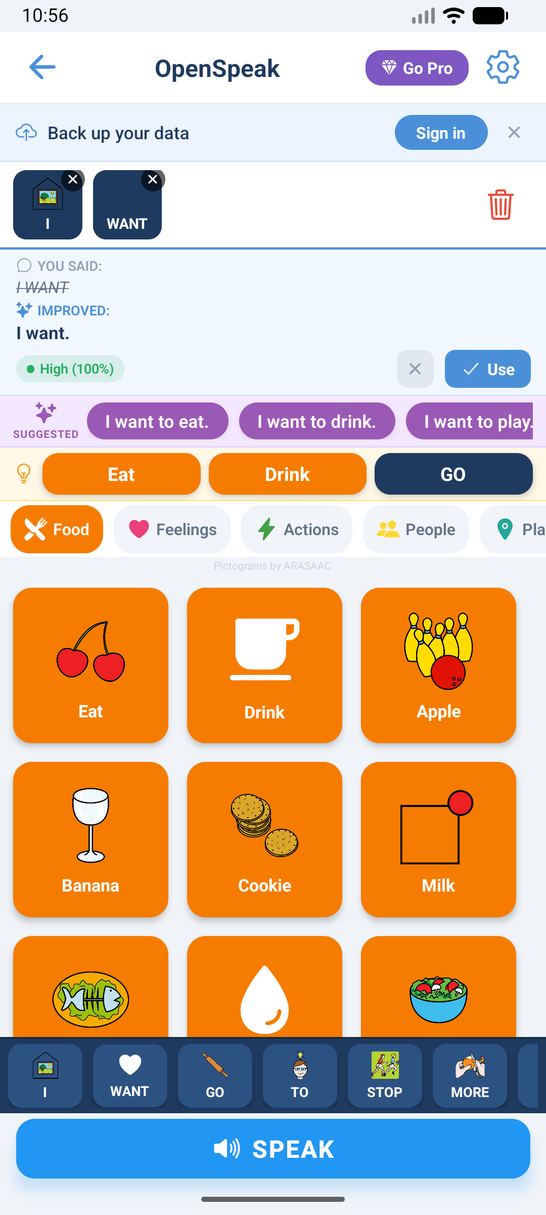 OpenSpeak sentence builder showing 'I want' with AI suggestions