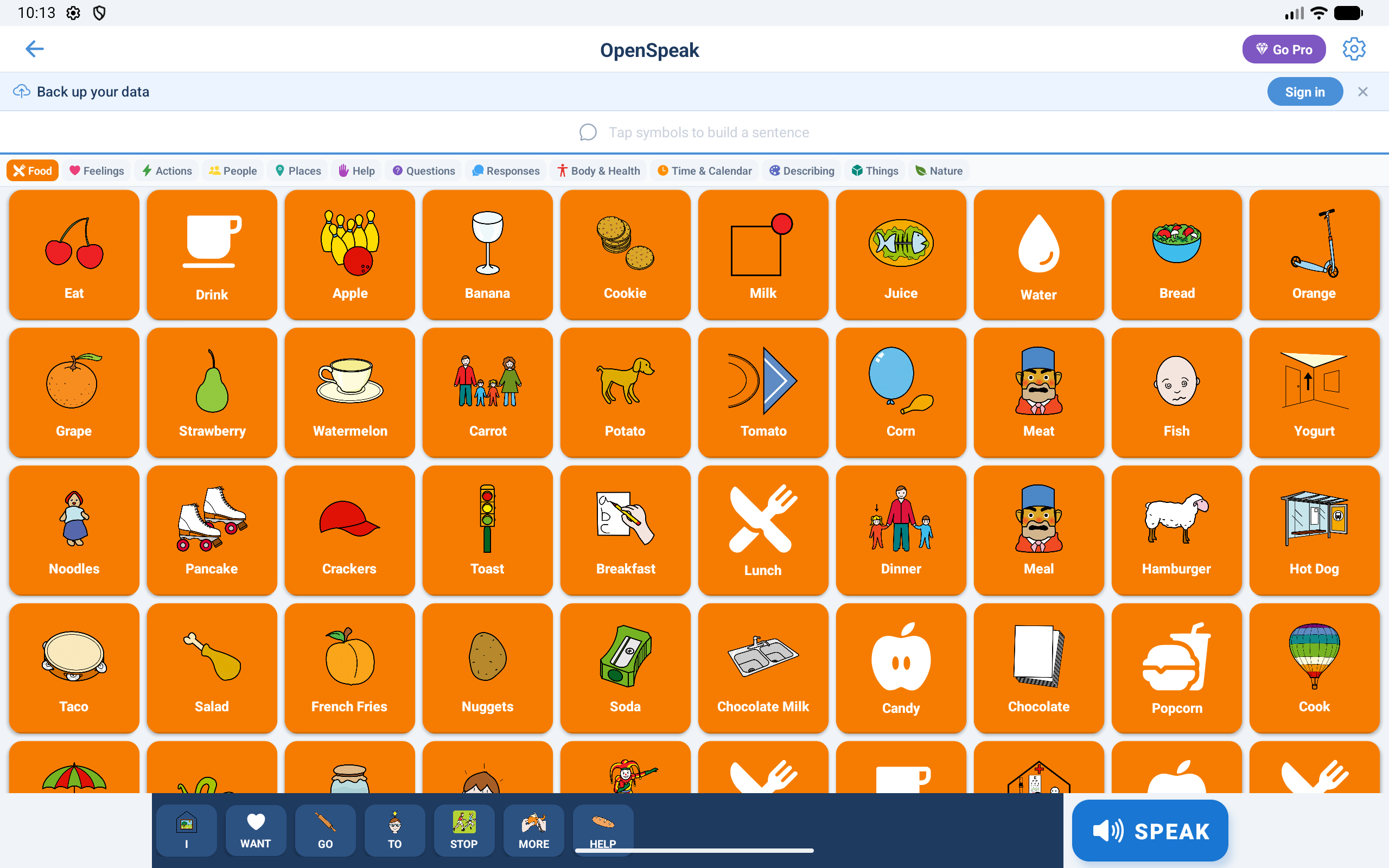 OpenSpeak AAC grid on tablet showing Food category with 2000+ symbols
