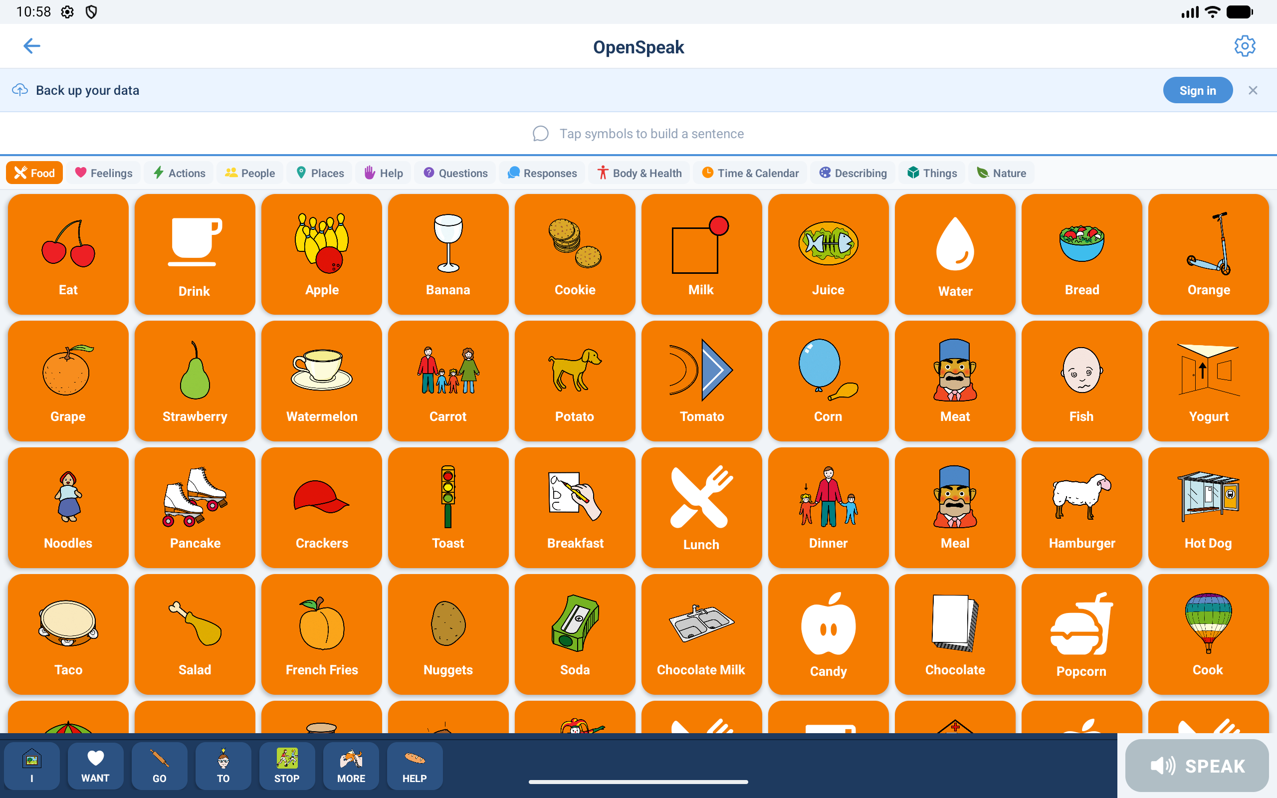 OpenSpeak AAC on tablet showing symbol communication board with 48 symbols